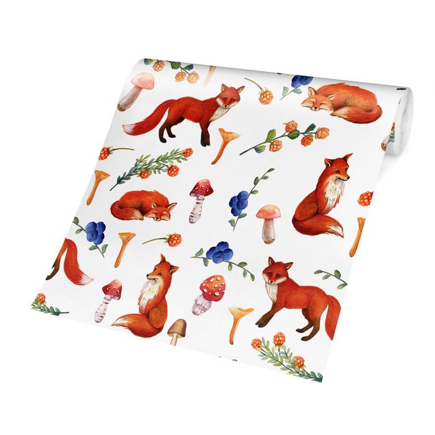 Papel pintado tonos rojos Fox With Mushroom Illlustration