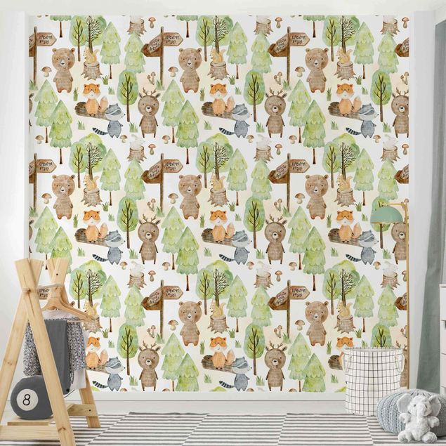 Papel pared paisaje Fox And Bear With Trees