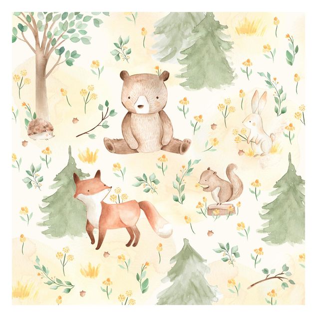 Papel de pared Fox and bear with flowers and trees