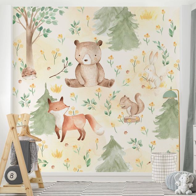Decoración infantil pared Fox and bear with flowers and trees