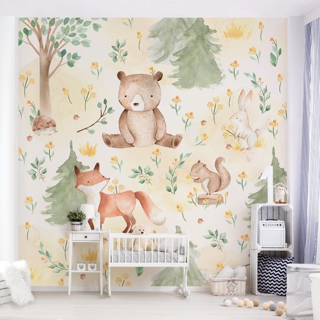 Papel pared flores Fox and bear with flowers and trees