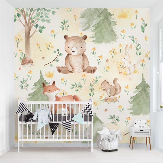 Papel pintado infantil animales Fox and bear with flowers and trees