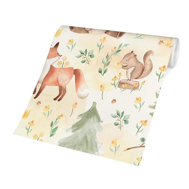 Papel pared amarillo Fox and bear with flowers and trees
