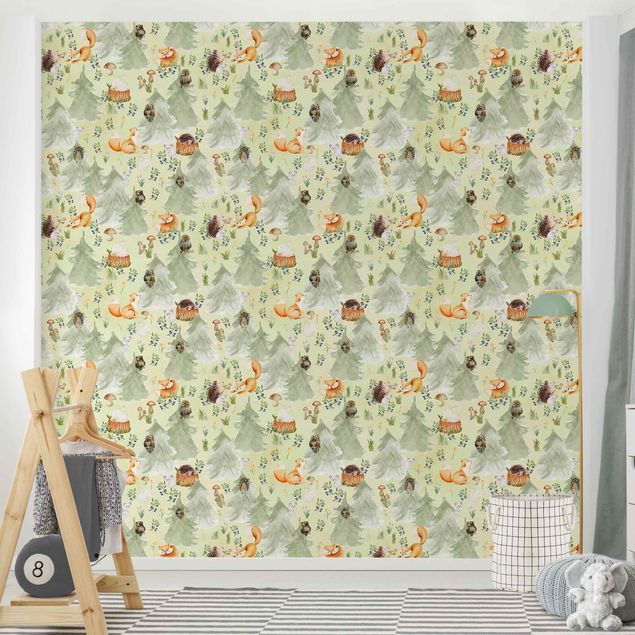 Papel pared bosque Fox And Owl With Trees