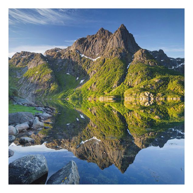 Cuadros de cristal arquitectura y skyline Mountain Landscape With Water Reflection In Norway
