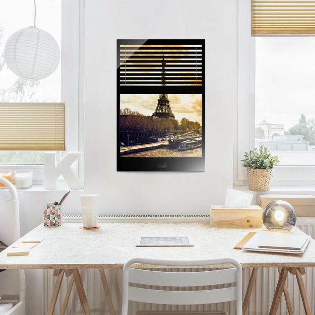 Cuadros modernos Window View Blinds - Paris Eiffel Tower sunset