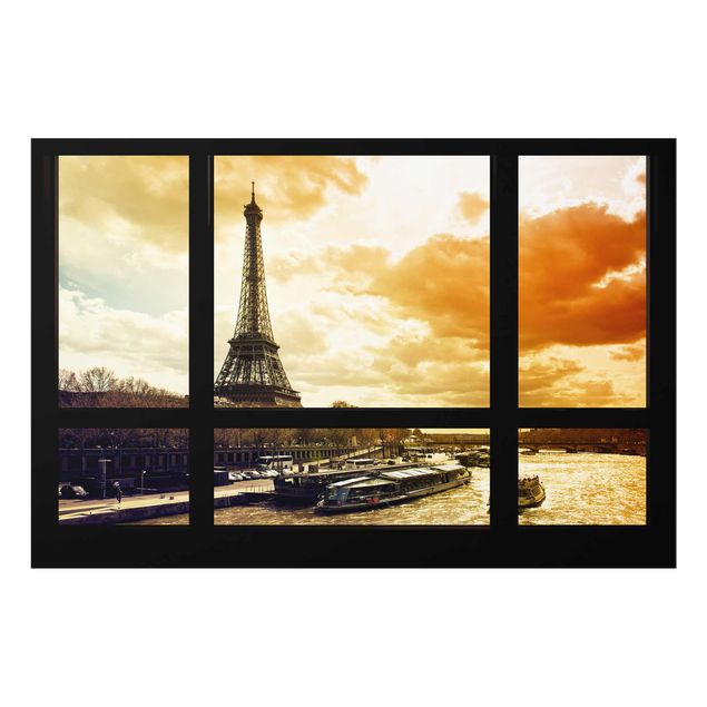 Cuadros de cristal arquitectura y skyline Window view - Paris Eiffel Tower sunset
