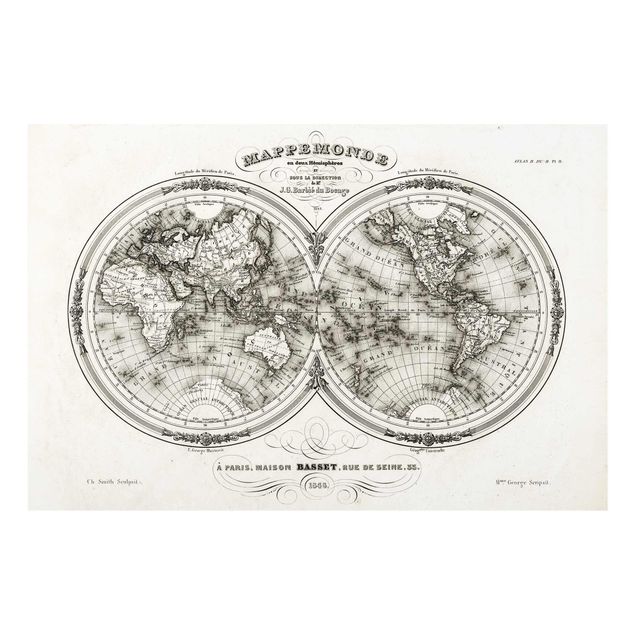 Cuadros a blanco y negro French map of the hemispheres from 1848