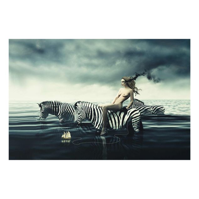 Cuadros de cristal animales Woman Posing With Zebras