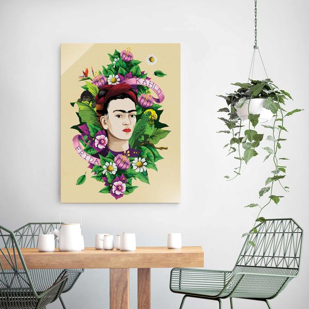 Cuadros de cristal flores Frida Kahlo - Frida, Äffchen und Papagei
