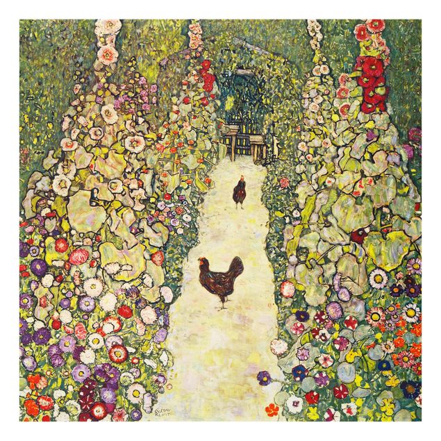 Cuadros de cristal flores Gustav Klimt - Garden Path with Hens