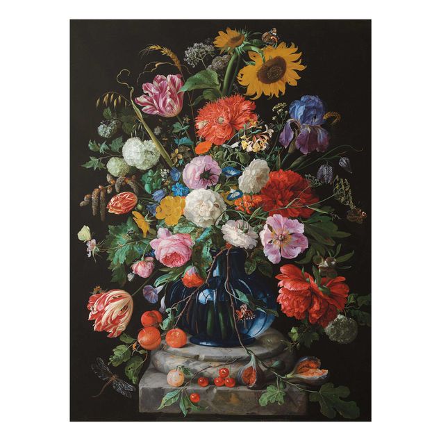 Cuadros de cristal flores Jan Davidsz de Heem - Tulips, a Sunflower, an Iris and other Flowers in a Glass Vase on the Marble Base of a Column