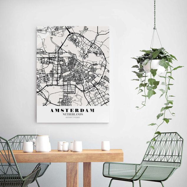 Cuadros de cristal blanco y negro Amsterdam City Map - Classic
