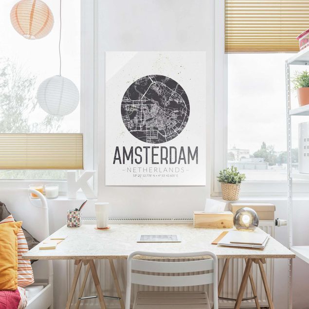 Cuadros de cristal blanco y negro Amsterdam City Map - Retro