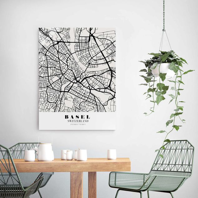 Cuadros de cristal blanco y negro Basel City Map - Classic