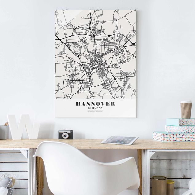 Cuadros de cristal blanco y negro Hannover City Map - Classic