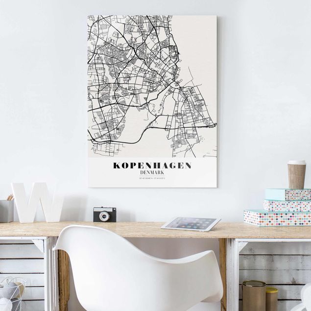 Cuadros de cristal blanco y negro Copenhagen City Map - Classic