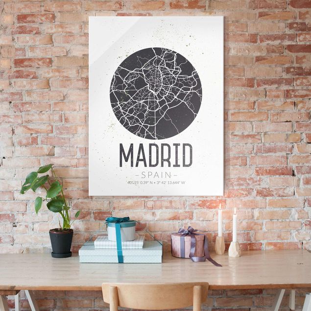 Cuadros de cristal blanco y negro Madrid City Map - Retro