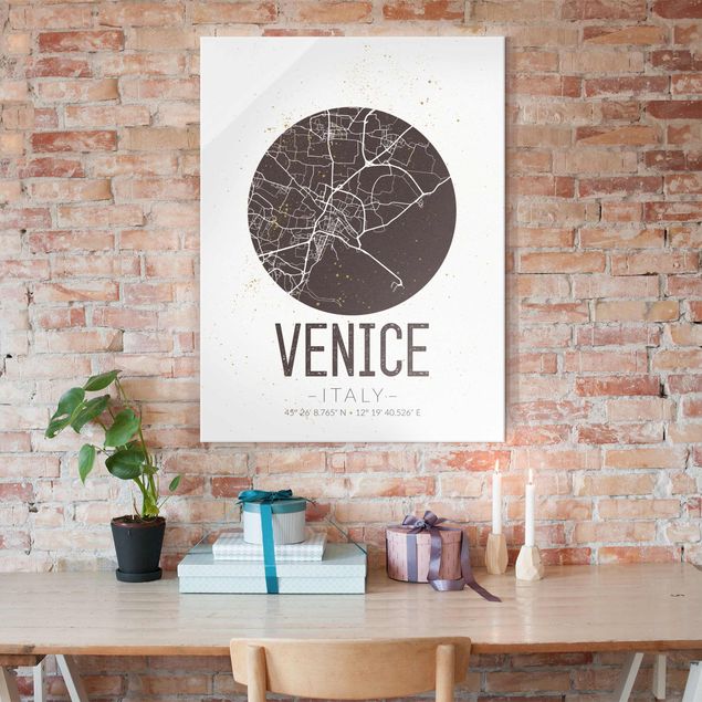 Cuadros de cristal blanco y negro Venice City Map - Retro