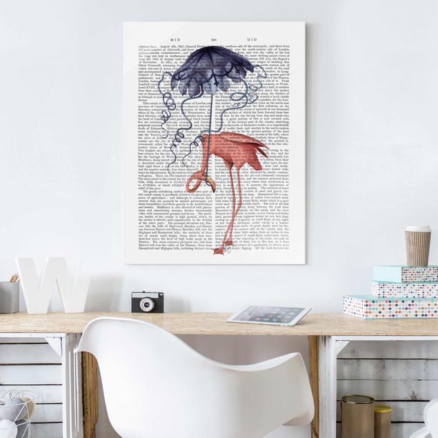 Cuadros de cristal animales Animal Reading - Flamingo With Umbrella