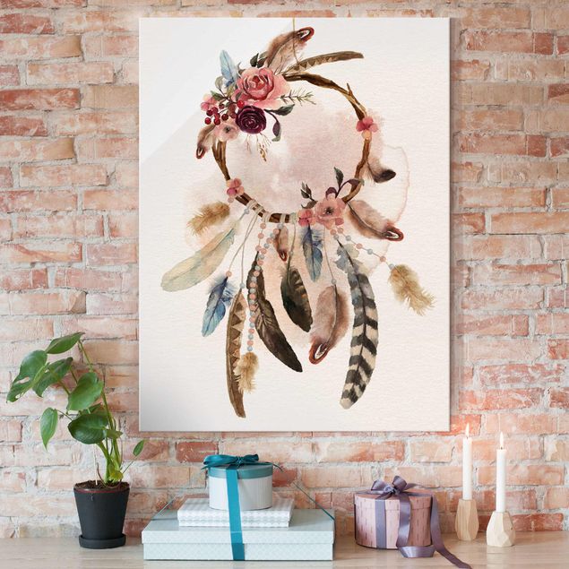 Cuadros de cristal rosas Dream Catcher With Roses And Feathers