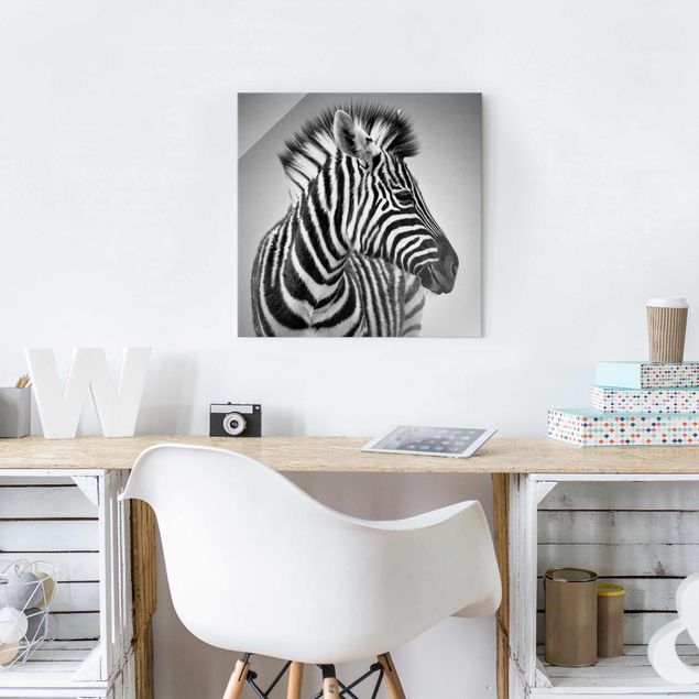 Cuadros de cristal blanco y negro Zebra Baby Portrait II