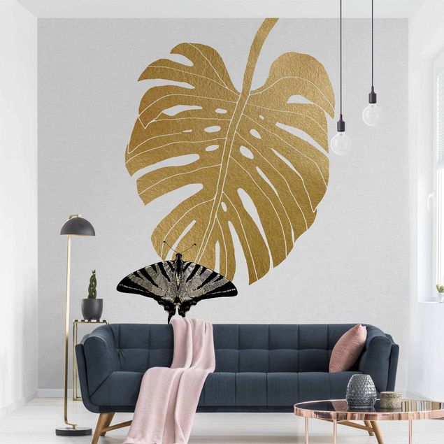 Papel pintado flores Golden Monstera With Butterfly