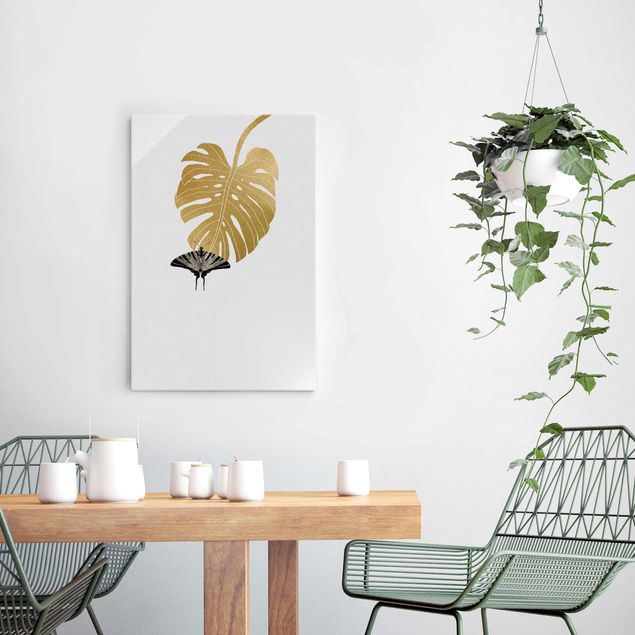 Cuadros de cristal flores Golden Monstera With Butterfly