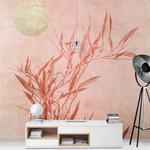 Papel pintado moderno Golden Sun Pink Bamboo