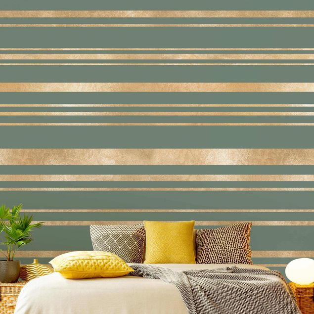 Papel pintado con patrones Golden Stripes Green Backdrop