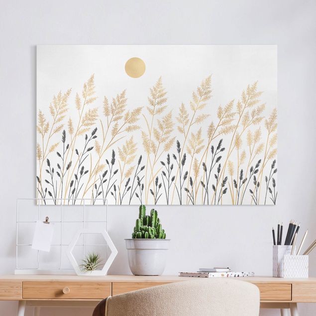 Lienzos de hierba Grasses And Moon In Gold And Black