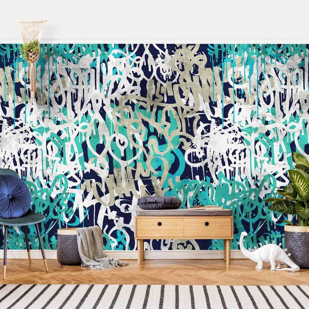 Papel pintado estilo industrial Graffiti Art Tagged Wall Turquoise