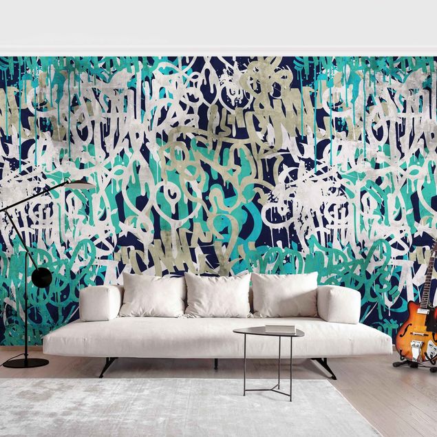 Papel pintado salón moderno Graffiti Art Tagged Wall Turquoise