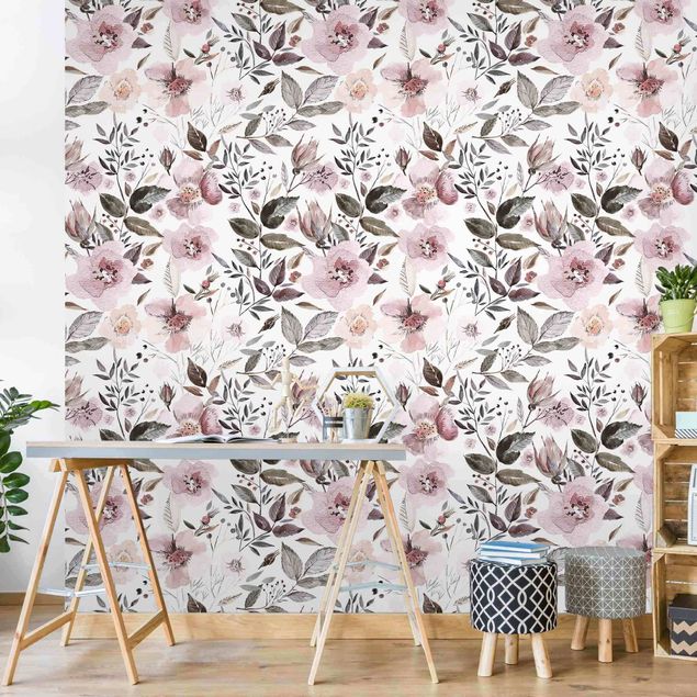 Papel pintado floral Gray Leaves With Watercolour Flowers