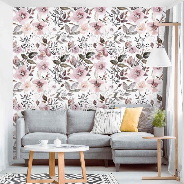 Papel pintado con patrones Gray Leaves With Watercolour Flowers