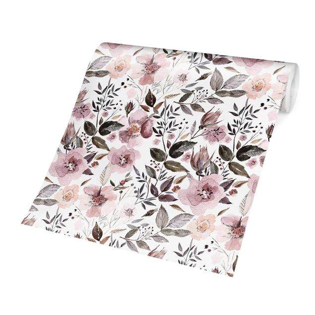 Papel pintado gris Gray Leaves With Watercolour Flowers