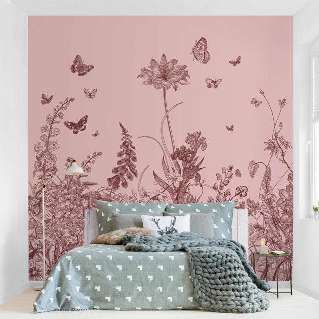 Papel pintado mariposas Large Flowers With Butterflies On Pink