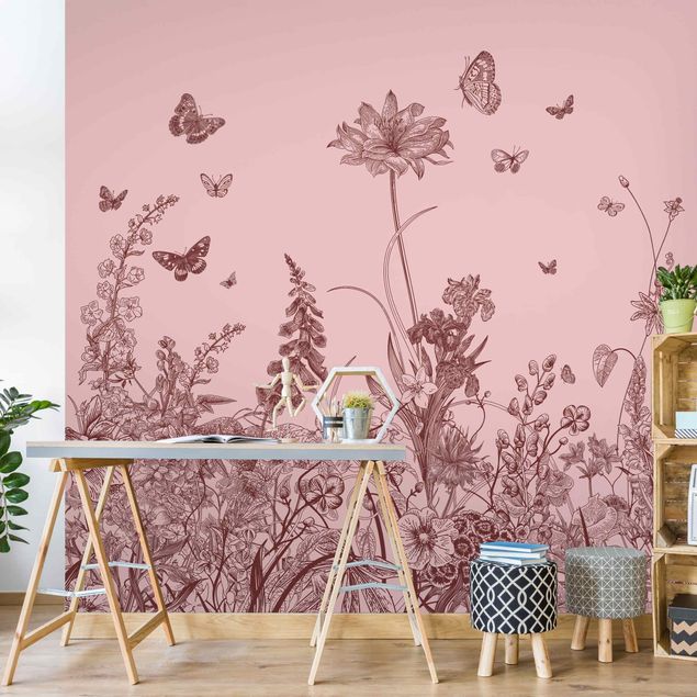 Papel pintado floral Large Flowers With Butterflies On Pink