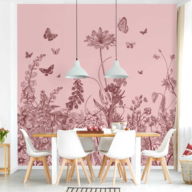 Papel pintado moderno Large Flowers With Butterflies On Pink