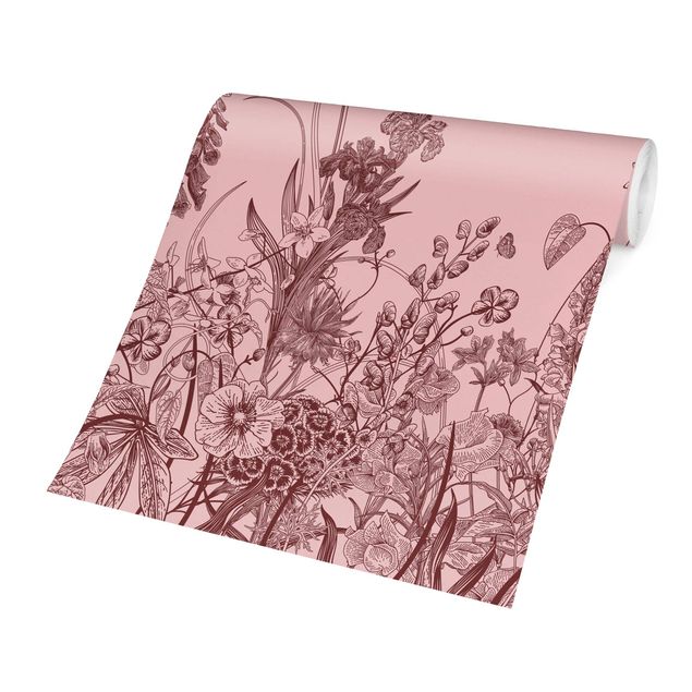 Papel pintado animales Large Flowers With Butterflies On Pink