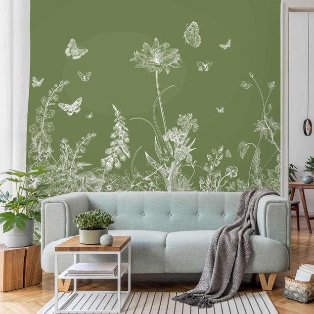 Papel pared flores Large Flowers With Butterflies In Green