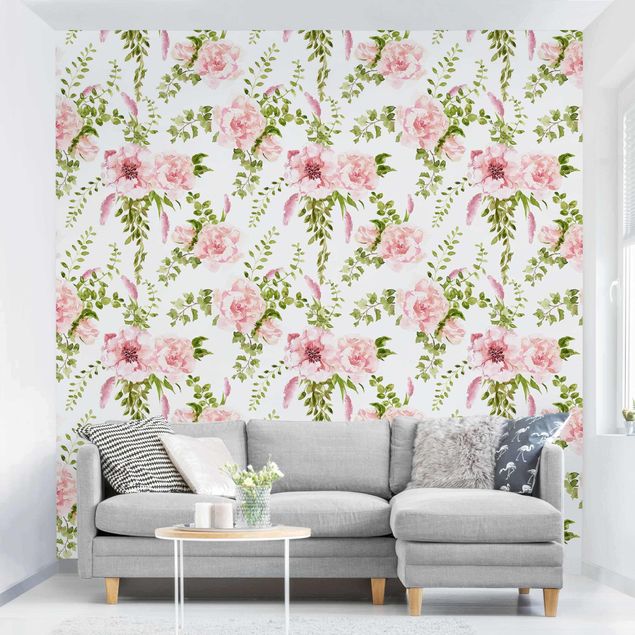 Decoración cocina Green Leaves With Pink Flowers In Watercolour