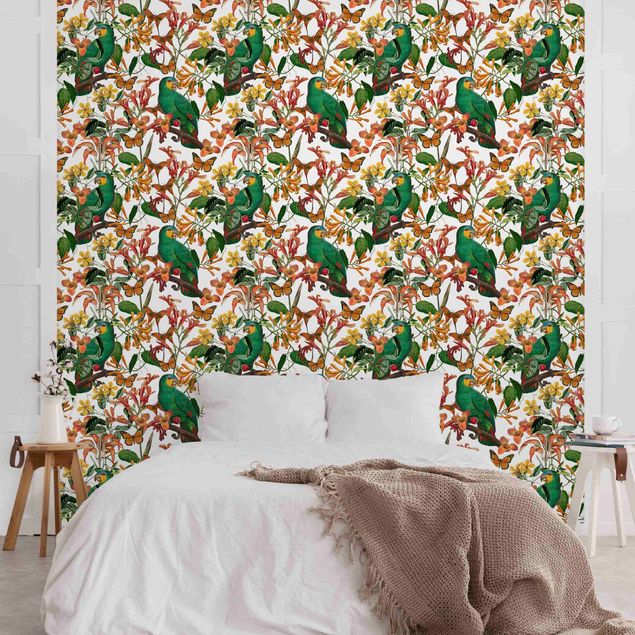 Papel pintado aves Green Parrots With Tropical Butterflies