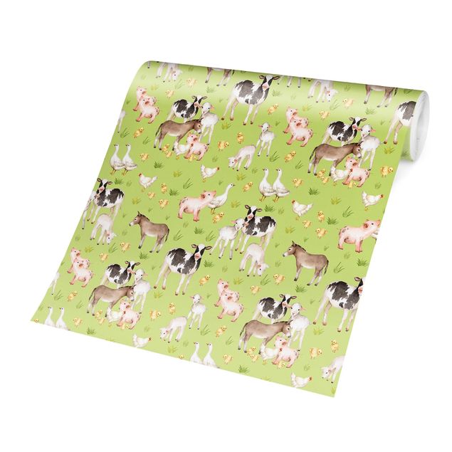 Papel pintado Green Meadow With Cows And Chickens