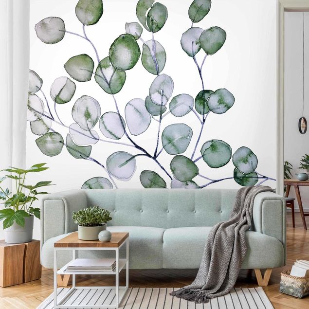 Papel pared flores Green Watercolour Eucalyptus Branch