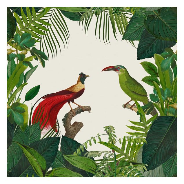 Papel pared verde Green Paradise With Tropical Birds