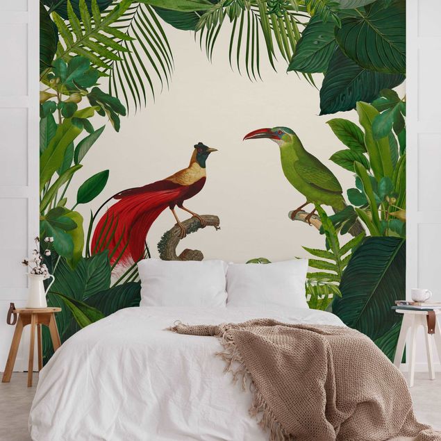 Papel pared flores Green Paradise With Tropical Birds