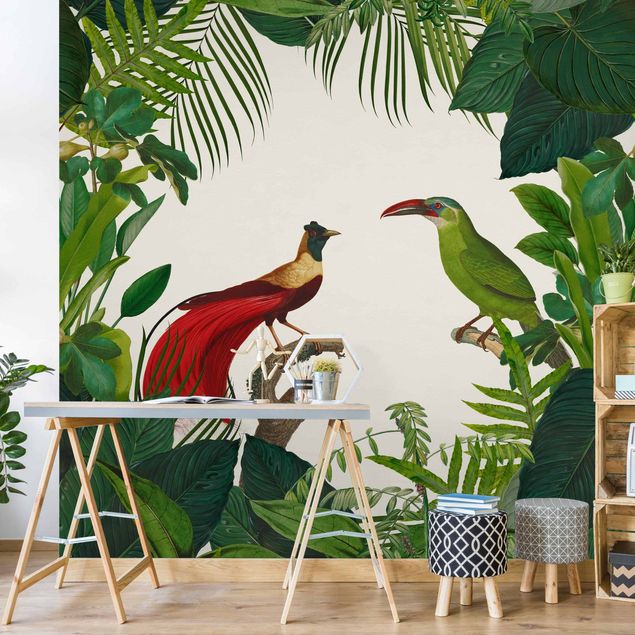 Papel pintado salón moderno Green Paradise With Tropical Birds