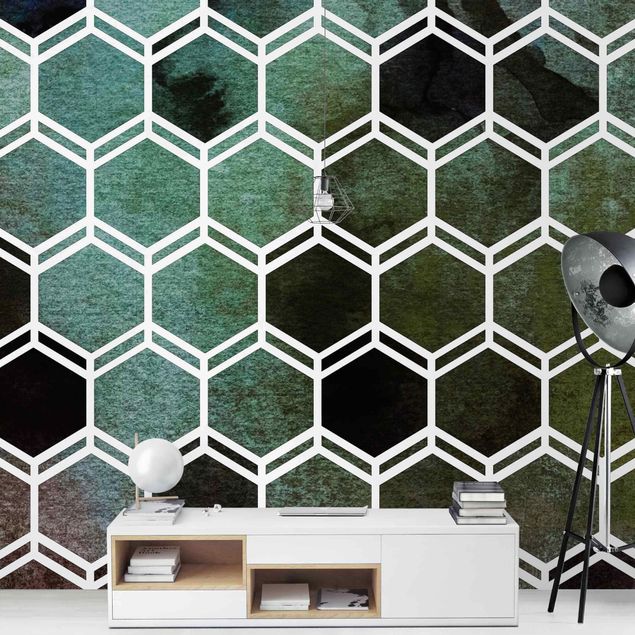 Papel pintado salón moderno Hexagonal Dreams Watercolour In Green