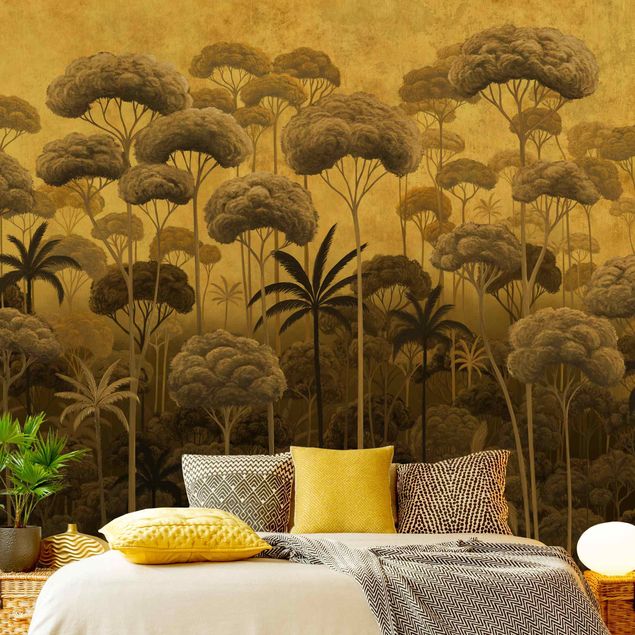 Papel pared dorado Tall Trees in the Jungle in Golden Tones